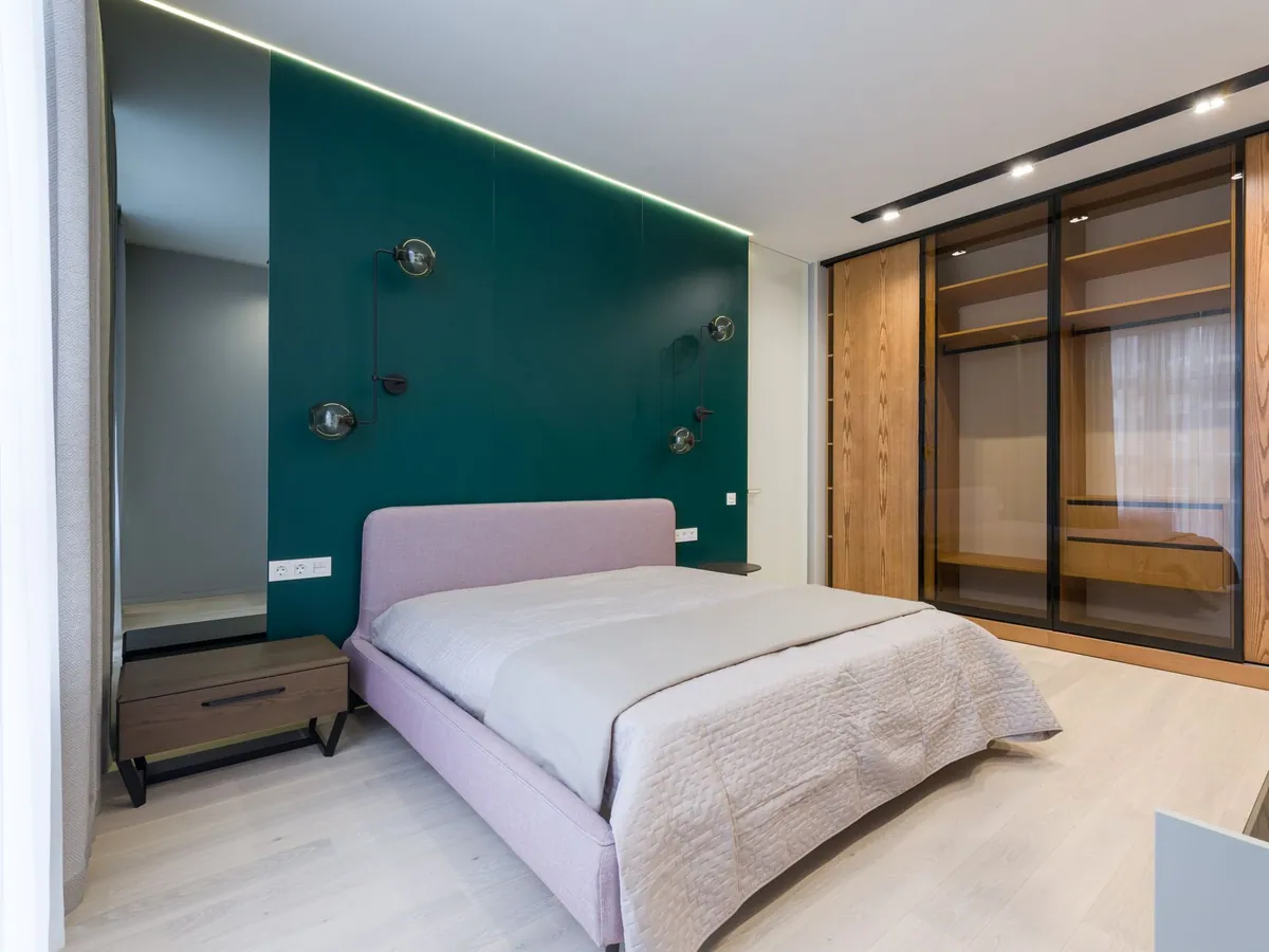 Modern bedroom interior with warm wooden textures and neutral bedding