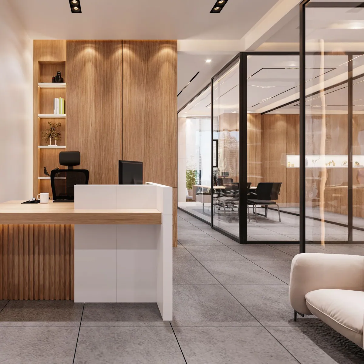 Commercial office interior with clean lines and warm neutral finishes