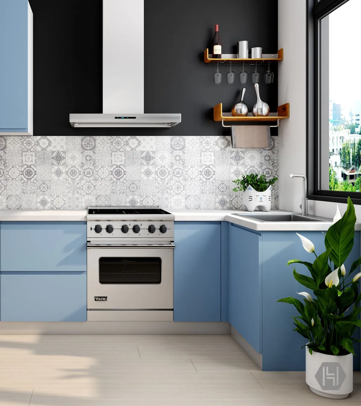 Modern modular kitchen with matte cabinetry and a stone countertop